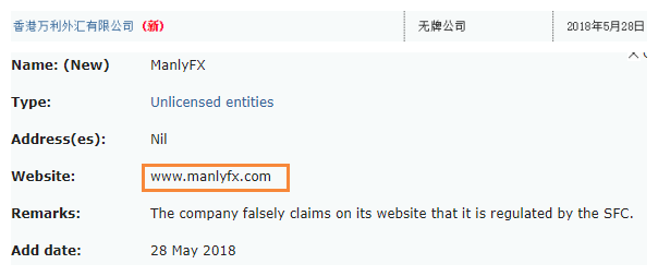ManlyFX万利外汇被香港证监会警告 曾虚假宣称受FCA、SFC监管